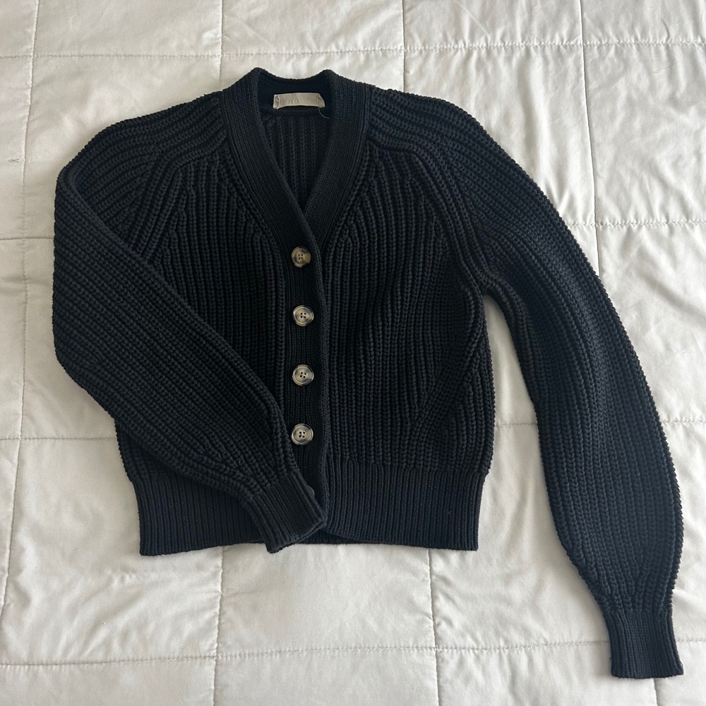 Everlane Black Cropped Chunky Knit Cardigan Cotton Blend XS minimal office chic